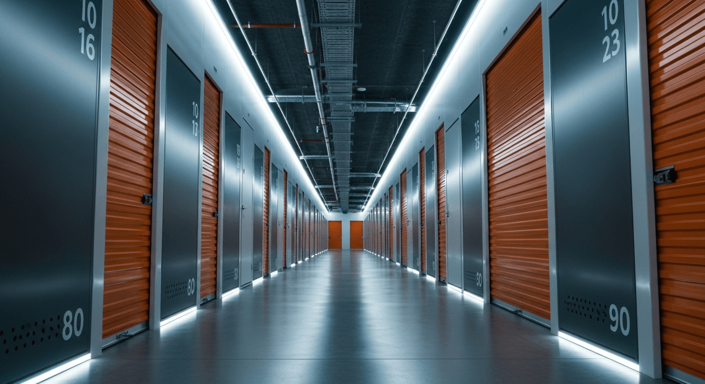 Couloir intérieur d'un centre de garde-meuble moderne avec portes de box numérotées