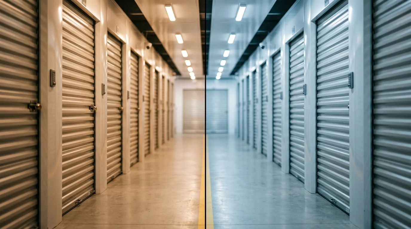Box de stockage dans un garde-meuble du Finistère, couloir éclairé avec portes métalliques